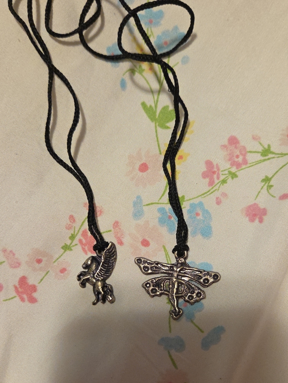 Silver Fairy and Pegasus Pendant Necklace Set - Black Cord